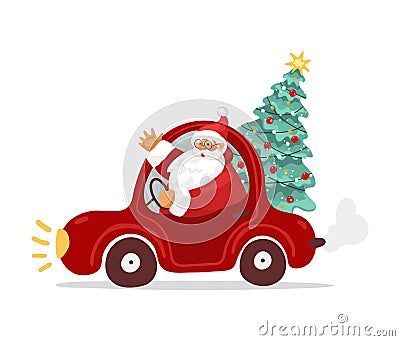 Santa Claus waves his hand and carries a Christmas tree in a red car. Merry christmas, cute character for new year Vector Illustration