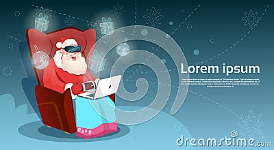 Santa Claus Wear Digital Glasses Virtual Reality Sit Using Laptop Merry Christmas Happy New Year Vector Illustration