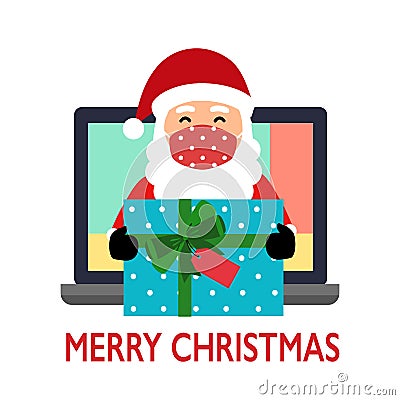 Santa Claus wearing medical face mask deliver gift via computer screen on white background. Santa giving presents online. Merry Ch Cartoon Illustration