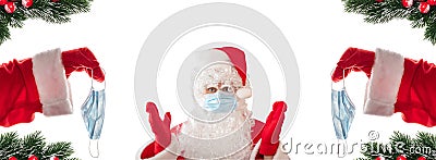 Santa Claus wearing a medical mask, his eyes and arms wide open and pointing at medical masks given to him by other Santas. Banner Stock Photo