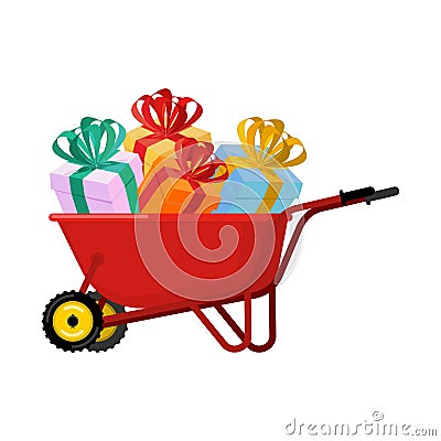 Santa Claus Wheelbarrow and gifts. Xmas grounds trolley. Christmas and new year. Vector illustration Vector Illustration