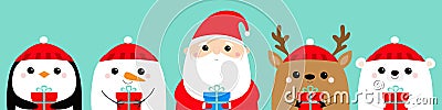 Santa Claus White bear Snowman Raindeer Deer Penguin bird face icon set. Holding gift box. Merry Christmas. New Year. Cute cartoon Vector Illustration