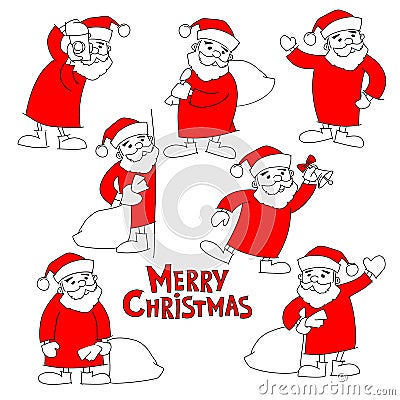 Santa Claus and the words Merry Christmas, doodle vector set Vector Illustration