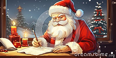 Santa Claus writes letters to children against a beautiful Christmas background. Beautiful magical Christmas postcard. Cartoon Stock Photo
