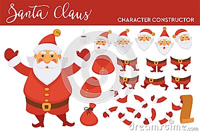 Santa Clause character constructor with spare bearded face, legs in boots, plump body, hands in mittens, long paper list Vector Illustration