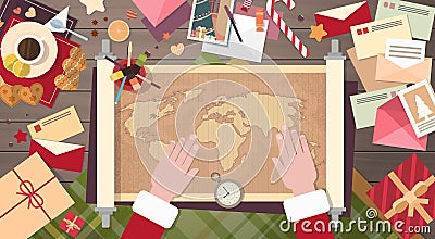 Santa Clause Christmas Cartoon Character Sitting Desk World Map Concept Vector Illustration