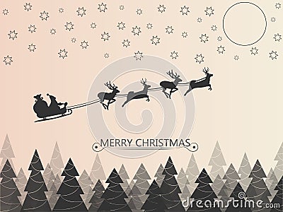 Santa Clause on deer sleigh flying over the forest in the night over the stars and the moon. Vector illustration. Vector Illustration