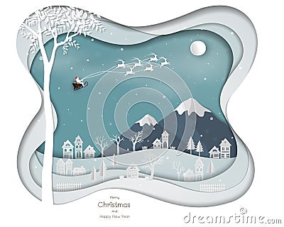 Santa Clause flying above city village on white paper art abstract background Vector Illustration