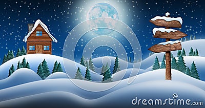 Santa Clause House in Snow Fields In Christmas Night With Directional Sign Leading To Elf Village, North Pole and Santas Stock Photo