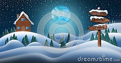 Santa Clause House in Snow Fields In Christmas Night With Directional Sign Leading To Elf Village, North Pole and Santas Stock Photo