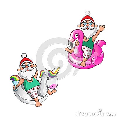 Santa Clauses with Unicorn and Flamingo swim rings on summer vacation Vector Illustration