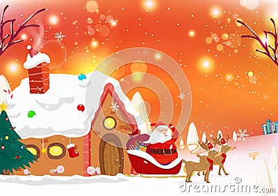 Santa is coming to town, reindeer, fantasy snow falling poster c Vector Illustration