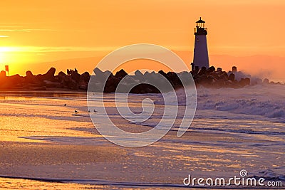 Santa Cruz Breakwater Light Walton Lighthouse at sunrise Stock Photo