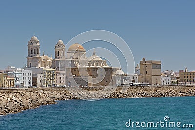 Santa Cruz cathedral of Cadiz, view from across the sea Editorial Stock Photo