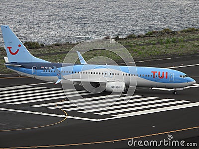 Santa Cruz de La Palma, Canary Islands, Spain; November 18th 2018: Tui airplane on the runway at La Palma Airport Editorial Stock Photo