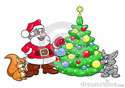 Santa decorating Christmas tree 3 Vector Illustration