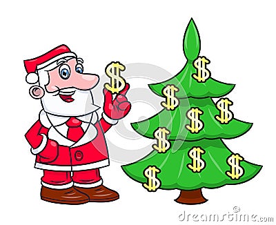 Santa decorating tree with dollars 2 Vector Illustration