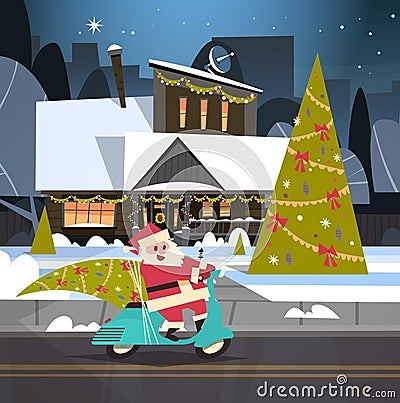 Santa Driving Scooter With Pine Tree, Merry Christmas And Happy New Year Greeting Card Winter Holidays Concept Banner Vector Illustration