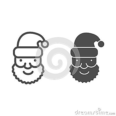 Santa face with a hat line and solid icon. Santa Claus portrait with beard and in a hat outline style pictogram on white Vector Illustration