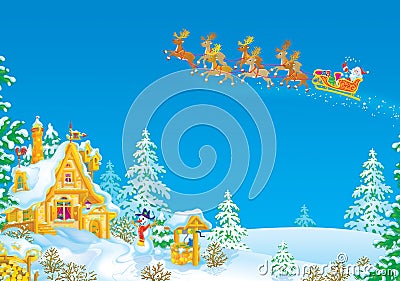 Santa flies in the sledge with reindeers Stock Photo