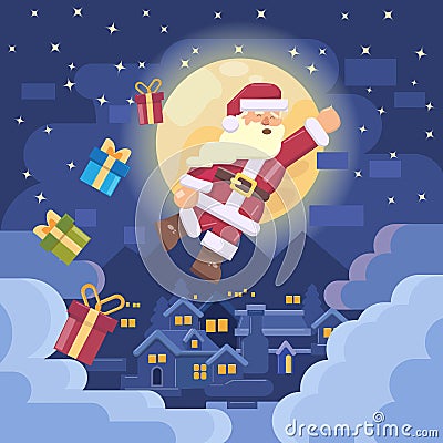 Santa fly to your home with gift to celebrate merry christmas premium vector design Vector Illustration