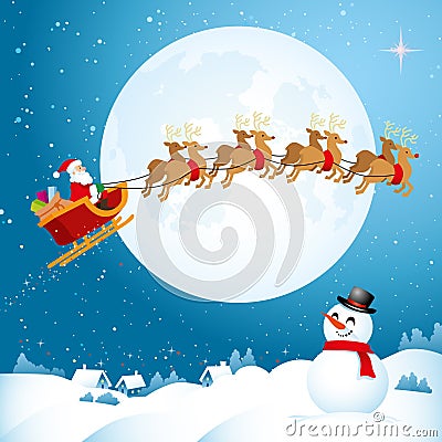 Santa flying across the Night Sky Vector Illustration
