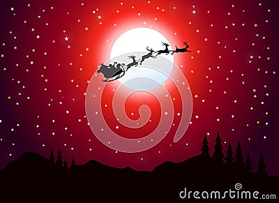 Santa Flying at Christmas Night- Vector Illustration