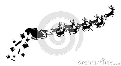 Santa flying in a sleigh with reindeer. Vector illustration. Isolated object. Black silhouette. Christmas. Vector Illustration