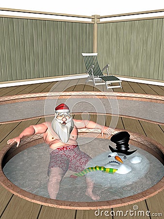 Santa and Frosty Hot Tub Stock Photo