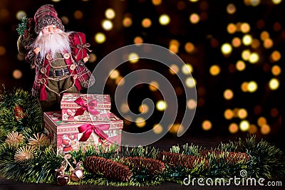 Santa Gifts Christmas trees toys with boke. Christmas holiday celebration Stock Photo