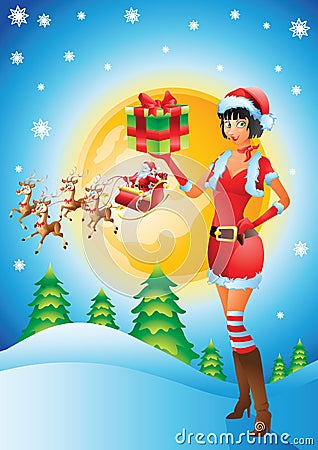 Santa girl with christmas background Vector Illustration
