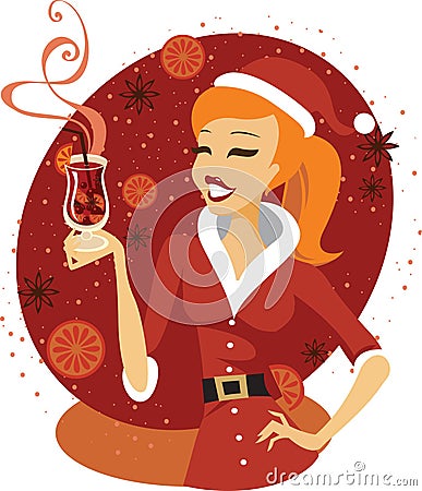 Santa girl with mulled wine Vector Illustration