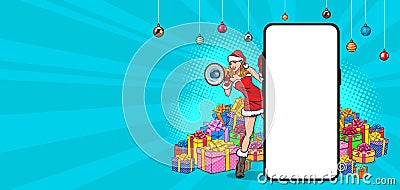 Santa girl peeking from behind mobile phone with megaphone Vector Illustration