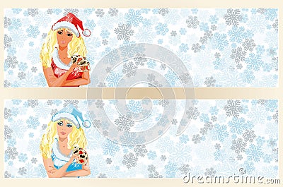 Santa girl with poker cards banner Vector Illustration