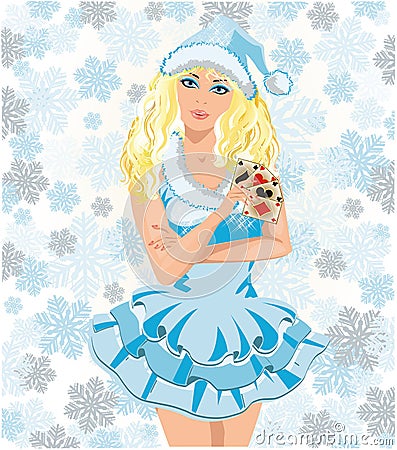 Santa girl with poker cards Vector Illustration