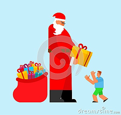 Santa gives gift to child. Xmas and New Year vector illustration Vector Illustration