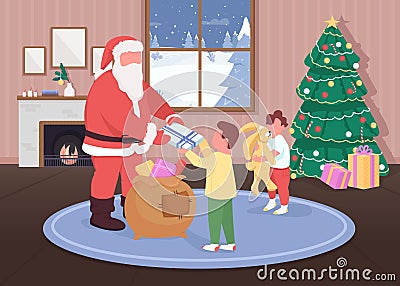 Santa gives gifts to children flat color vector illustration Vector Illustration