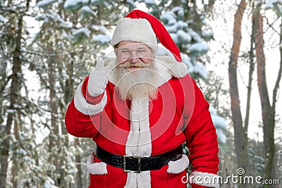 Santa giving thumb up outdoors. Stock Photo