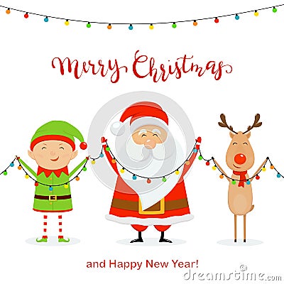 Santa with Happy Elf and Deer Holding Christmas Light Vector Illustration