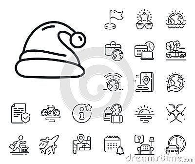 Santa hat line icon. Christmas or New year sign. Plane jet, travel map and baggage claim. Vector Vector Illustration