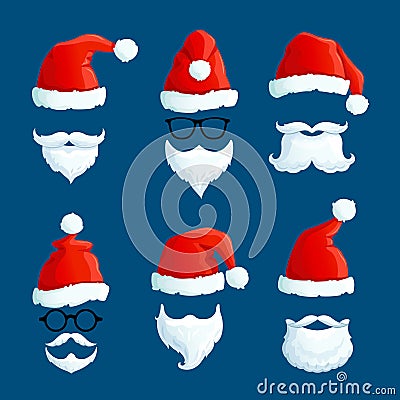 Santa hats with moustache and beards. Cartoon santa front wearing. Winter clothes isolated vector set Vector Illustration