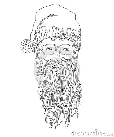 Santa hipster, coloring page for children and adults Vector Illustration