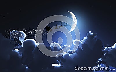 Santa and his sleigh flying in a moonlit sky Stock Photo
