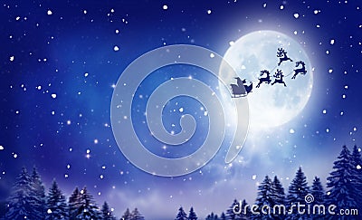 Santa and his sleigh flying over snowy landscape Stock Photo