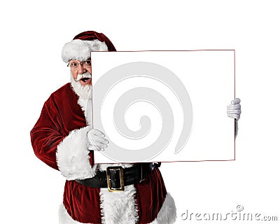 Santa Holding Peeking Around Blank Sign Stock Photo