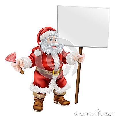 Santa holding plunger and sign Vector Illustration