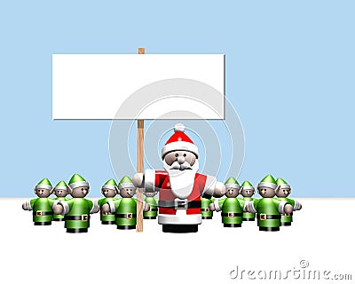 Santa holding a sign surrounded by all his helpers Cartoon Illustration