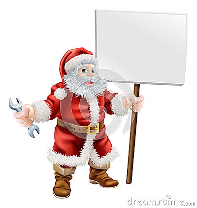 Santa holding spanner and sign Vector Illustration