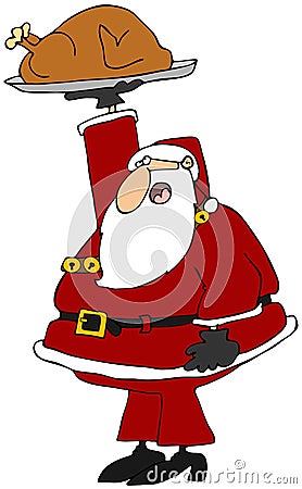 Santa holding up a roasted turkey Cartoon Illustration