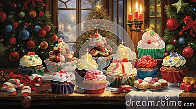 santa holiday cupcakes Cartoon Illustration